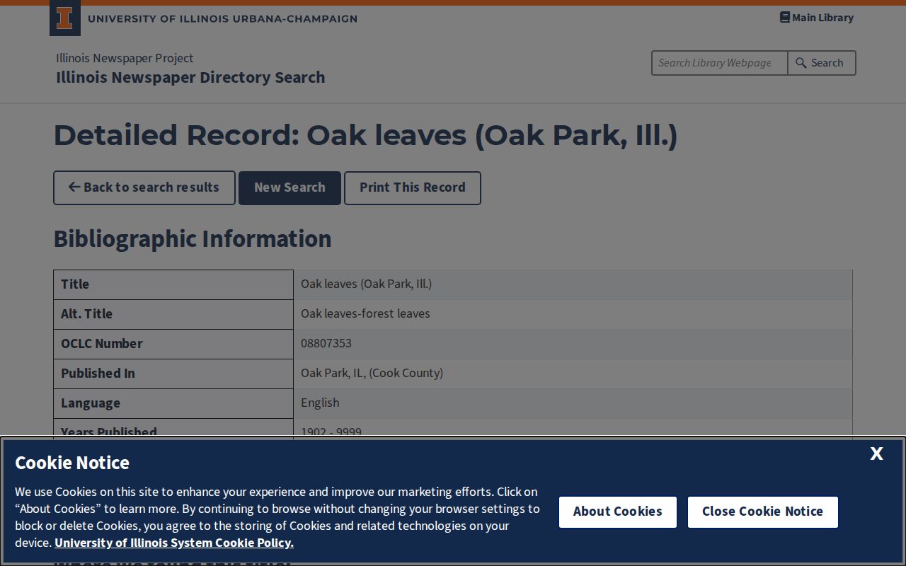 Illinois Newspaper Project holdings for Oak Leaves