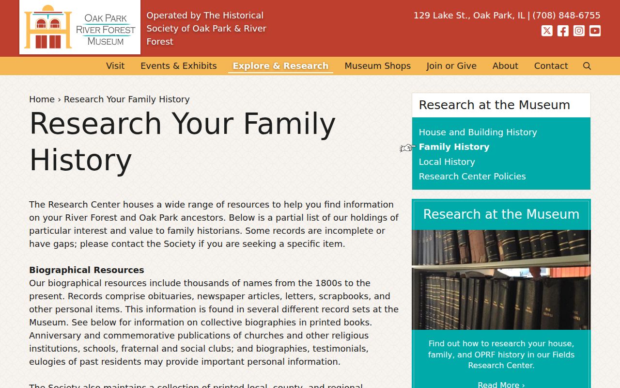 Oak Park River Forest Museum family history and resident directory holdings